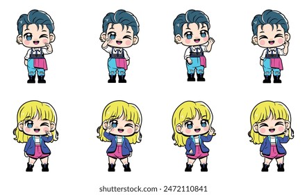 Vector Cute Kpop Idol Character Cartoon Set Illustration Isolated