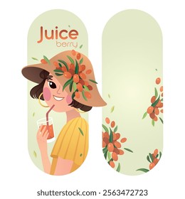 Vector cute lable illustration with drinking happy girl, lemonade, sea ​​buckthorn berries and leaves