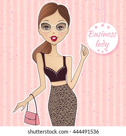 Vector cute lady. Cartoon girl illustration. Fashion smiling young woman with bag. Girl with glasses. Fashionable chick. 