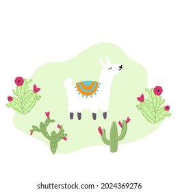 Vector lindo lama con cactus al estilo infantil dibujado a mano. Carácter animal divertido para vivero, ropa de bebé, diseño textil y de productos, papel de pared, papel de envoltorio, tarjeta, scrapbooking