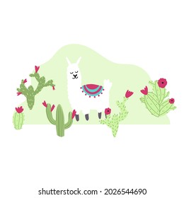 Vector cute lama with cactus in cartoon hand drawn childish style. Funny animal character for nursery, baby apparel, textile and product design, wallpaper, wrapping paper, card, scrapbooking
