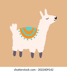 Vector cute lama in cartoon hand drawn childish style. Funny animal character for nursery, baby apparel, textile and product design, wallpaper, wrapping paper, card, scrapbooking