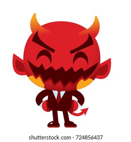 Vector cute laughing devil, evil, satan character in black suit and red necktie holding trident isolated on white background.