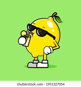 vector of cute lemon mascot wearing sunglasses and drinking lemonade