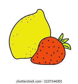 Vector cute lemon and strawberry. Doodle on an isolated background. Print food, banner fruits, kithen brochure.