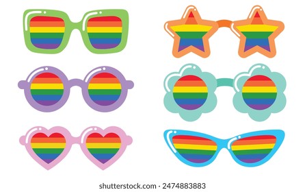 Vector cute LGBTQ Pride Month colorful rainbow fancy eyeglasses elements set collection for Happy Pride Month fun festival party parade costume with heart, star, flower, round shaped, white background