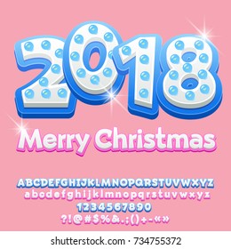 Bombilla vectora linda bombilla de luz Feliz Navidad 2018 Tarjeta de felicitación para niños. Cartas De Alfabeto Coloridas, Números, Símbolos. La fuente contiene el estilo gráfico