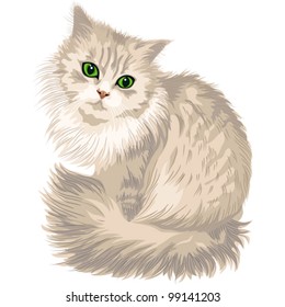 vector cute lilac cat with green eyes, isolated on the white background