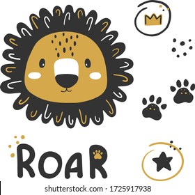 Vector cute lion clipart. Cartoon character lion - hand drawn print for kids.