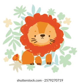 Vector Cute Lion with Flowers and Leaves Jungle Trendy Summer Kids Print Illustration