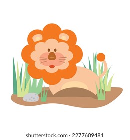Vector a cute lion in the jungle with a flat design and flat color. Whole body of the cute lion on white background.