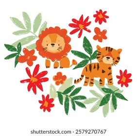 Vector Cute Lion and Tiger with Flowers and Leaves Jungle Trendy Summer Kids Print Illustration