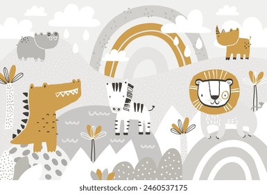 Vector lindo león, cebra, cocodrilo, hipopótamo, rinoceronte y arco iris ilustración en estilo escandinavo. Paisaje de montaña, nubes. Fondo de pantalla tropical para niños. Jungla, habitación de los niños, decoración de la pared.