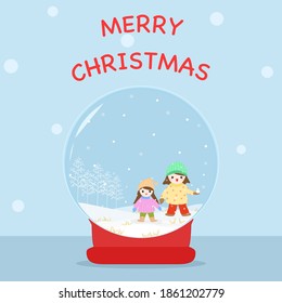 Vector - Cute little 2 girls wear sweater and hat playing snow in snow ball on blue background. Merry christmas and Happy new year, Holiday concept. Can be use for print, card, poster or web.