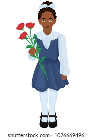 Vector cute little African American girl with school uniform and flowers. Little girl vector illustration