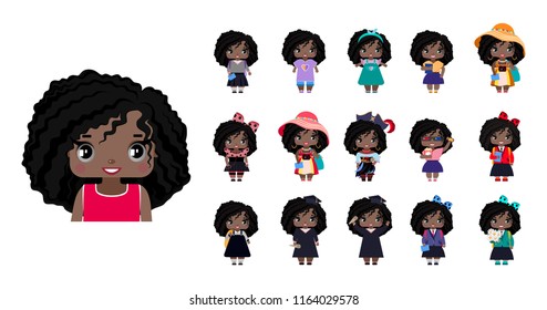 Vector cute little African American girls, with wavy black hair and gray eyes. set with variants of different outfits