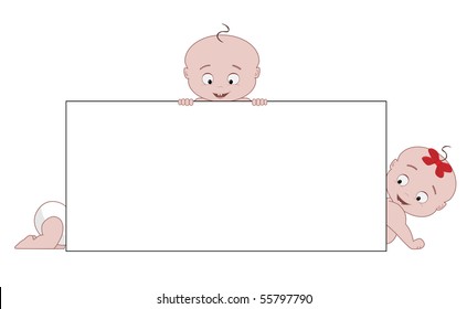 vector cute little babies behind empty banner