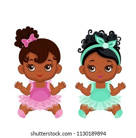 Vector cute little baby African American ballerinas in  tutu dresses. 