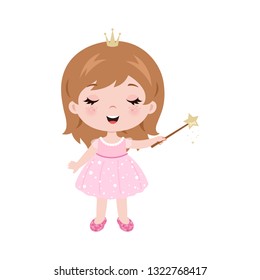 Vector cute little baby girl dressed as princess. Baby girl holding magic wand. Vector little baby girl with magic wand.