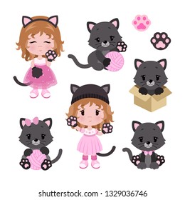 Vector cute little baby girl in cat costume and cats. Cartoon set.