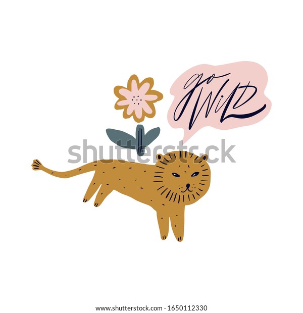 ベクターかわいい赤ちゃんライオン スカンジナビア風のパステルカラーイラスト おかしな幸せな漫画キャラクター 花のコンセプトを持つ女の子猫 のベクター画像素材 ロイヤリティフリー