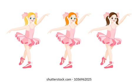 Vector cute little ballerinas with various hair colors. Vector ballerinas in pink tutu dresses. Ballerinas vector illustration