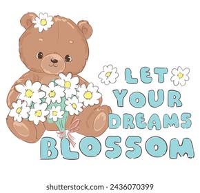 Vector Cute little Bear and flowers hand drawn Kids print