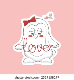 Vector cute little bird holds the inscription Love in its wings. Flat vector template With Love for sticker, printing on textiles, mugs, covers. Confess your love on Valentine's Day or just like that 