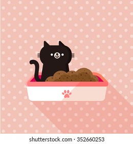 vector cute little black cat, kitten in plastic litter / cartoon, flat / white, pink, red