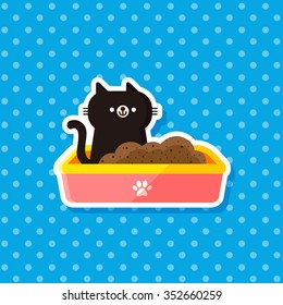 vector cute little black cat, kitten in plastic litter / cartoon, flat / blue, pink, yellow