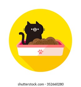 vector cute little black cat, kitten in plastic litter / cartoon, flat / pink, yellow, white