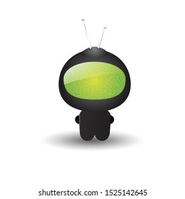 Vector cute little black robot with antennas and green monitor. Chatbot icon. Cartoon character, 3D effect