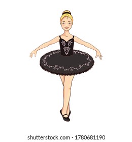 Vector Cute Little blonde white Ballerina Dancing in black tutu dress. Cartoon, isolated.