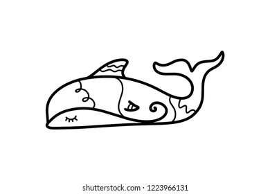 Vector cute little boho dolphin art. Poster and banner element, children's coloring book illustration, postcard, gift card, print for t-shirt and more, sticker, label and other. Isolated on white