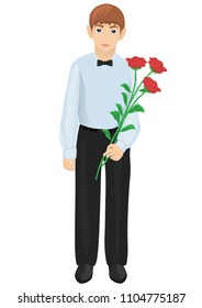 Vector cute little boy with school uniform and flowers. Little boy vector illustration

