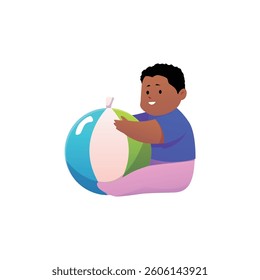 Vector of cute little boy sitting with colorful ball, isolated illustration. Infancy, development and kids activities concept. Cartoon flat style. Happy character.