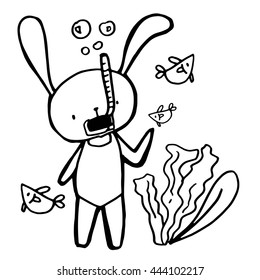 vector Cute little bunny Enter swimsuit summer snorkeling with fish.