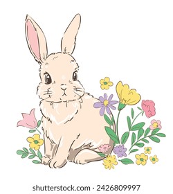 Vector Cute little Bunny and flowers hand drawn, Rabbit kids print