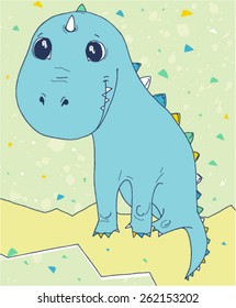 vector cute little cartoon kind dinosaur with colorful background, triangles and splashes