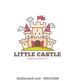 Vector cute little castle logo for baby shop. Kids town logo.