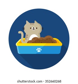 vector cute little cat, tabby kitten in plastic litter / cartoon, flat / blue, yellow, circle