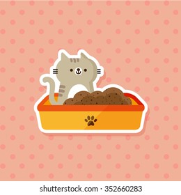 vector cute little cat, tabby kitten in plastic litter / cartoon, flat / pink, orange, yellow