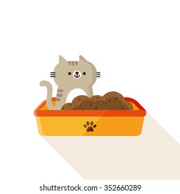Vektorsüße kleine Katze, Tabbykätzchen auf Plastikabfällen / Cartoon, flach / auf Weiß