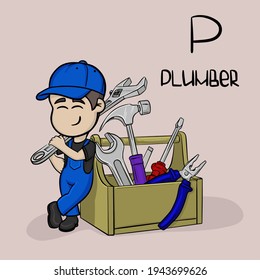 Vector cute little character with instruments. Profession on letter P - plumber. Atributes of professions