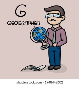 Vector cute little character man with globe. Profession on letter G - geographer. Atributes of professions