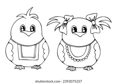 vector cute little chick boy and girl black line, outline on an isolated white background, for coloring, design, creativity, print, art