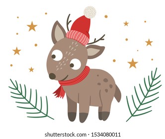 Vector cute little deer in red hat and scarf with fir tree twigs and stars isolated on white background. Cute winter animal illustration. Funny Christmas character