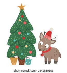 Vector cute little deer in red hat and scarf with fir tree and presents isolated on white background. Cute winter animal illustration. Funny Christmas character
