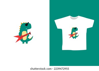 Vector cute little dino playing guitar concept design illustration