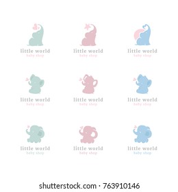 Vector cute little elephants logo set. Baby shop symbol